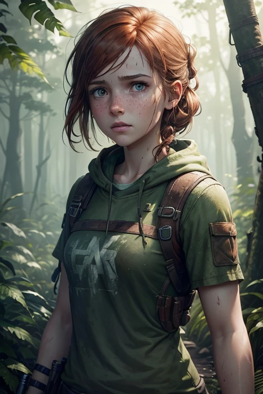 Ellie Williams, video game protagonist from The Last of Us Part 1, boasts auburn hair cascading down her shoulders and pale green eyes that shimmer with intelligence and determination. Her fair skin bears the freckles of youth, and her thin stature belies the strength and resilience she exhibits throughout her harrowing journey.