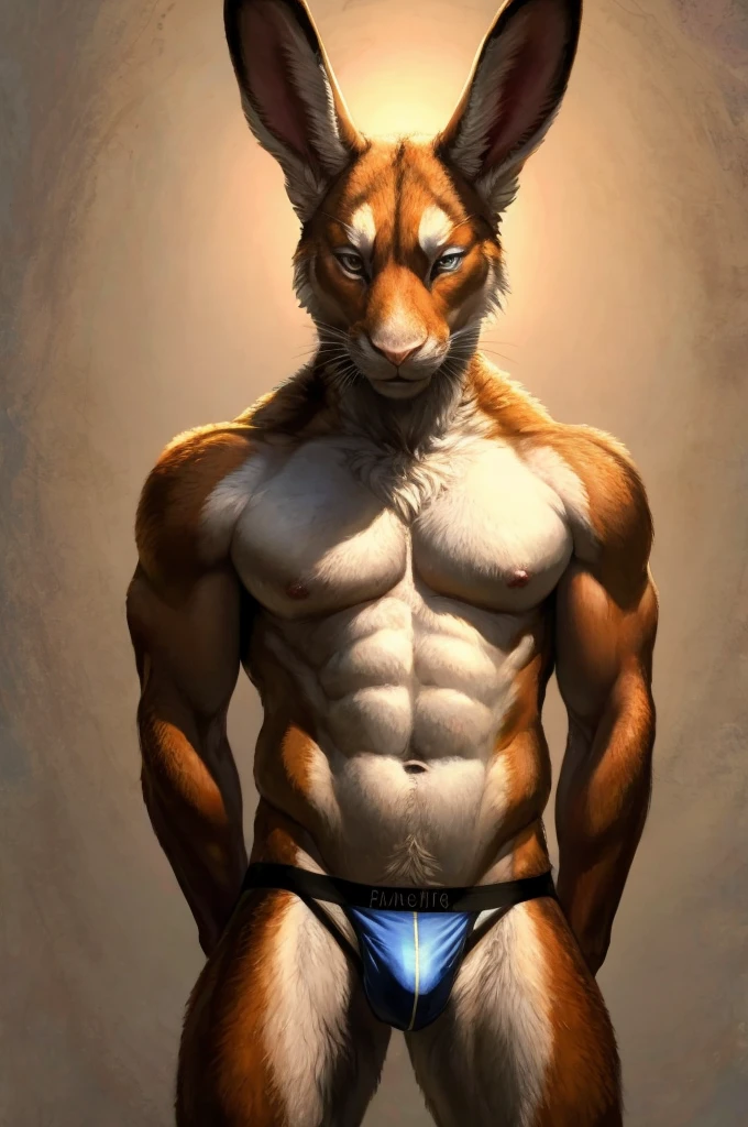 a furry male anthro Rabbit standing with his hands behind his back. He is wearing underwear and is depicted in a simple background. The artwork should be in a front view perspective. The image should be of the best quality, with ultra-detailed features and a realistic, photorealistic style. The colors should be vivid and the lighting should create a professional and visually appealing effect. The inspiration for this artwork comes from artists such as thebigslick.
