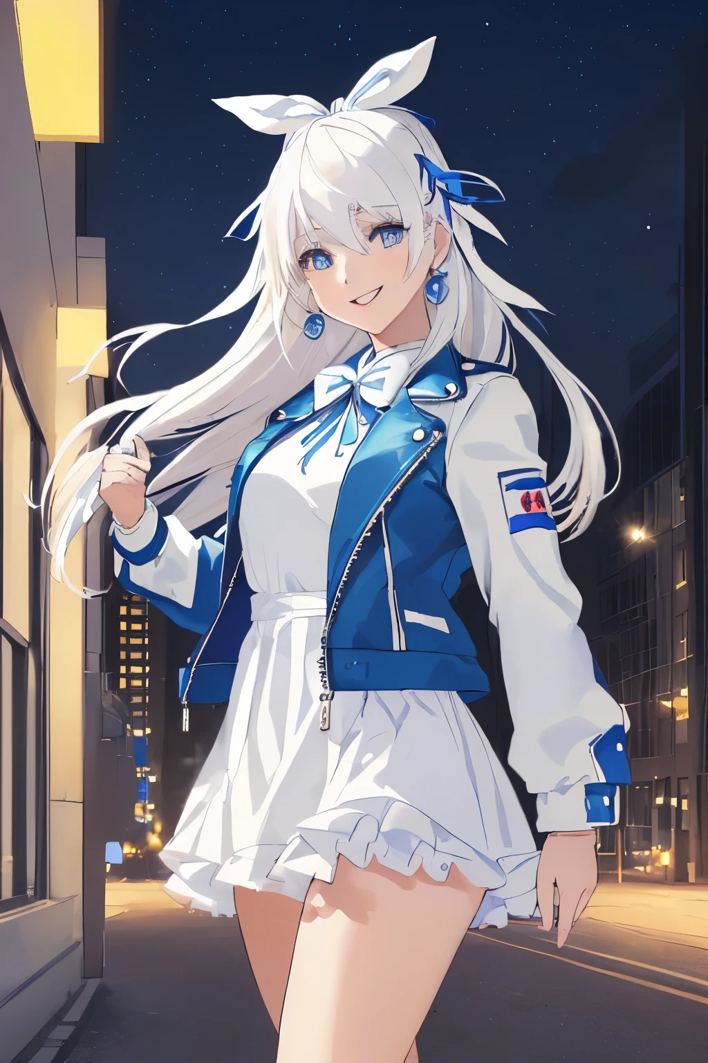 Chica anime, ((Masterpiece), top-quality, Top image quality, ((((solo)))), ((((white hair)))), long hair, ((((blue hairribbon)))), Beautiful blue eyes, Shining eyes, smile, s girl, 18yo, cute, leather jacket , white onepiece, earrings, night, city, winter, 8k