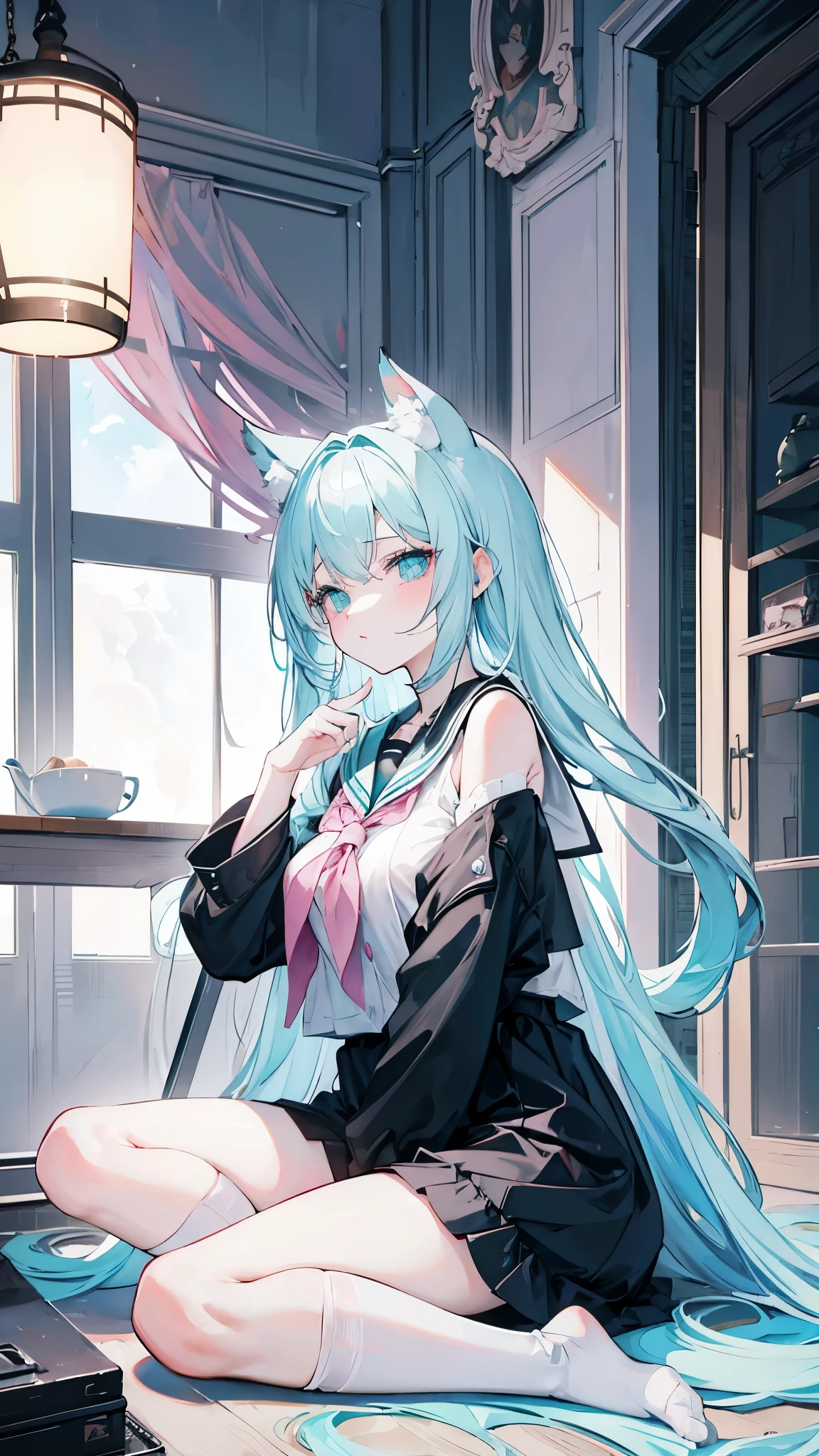 light pink hair，light blue-green eyes，Black sailor suit，Otherworldly pupils，Sit in the infirmary，white hand，black knee socks，a pair of white socks，Big-breasted girl，Laughter，guffaw
