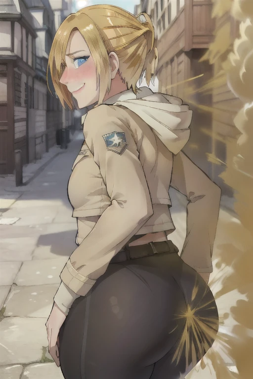 ((annie)),((velocity)),Attacked by farts, (((Women stand)),velocity, blue eyes,detailed eyes),(frowned),her butt facing screen,classic city streets)),((One Woman)),((girl wear a scout regiment outfit wear tights),((A girl smells a fart and smiled shyly )),((fart while stand)),((blushing)),(masterpiece:1.2、top-quality)、(the Extremely Detailed CG Unity 8K Wallpapers、ultra-detailliert、Best Shadows)、(细致背景)、(The best lighting、extremely delicate and beautiful)、depth of fields、1girl in、独奏 ,Women,((((Girl is embarassed when she farting)))),(profile facing diagonally)))),((massive fart))