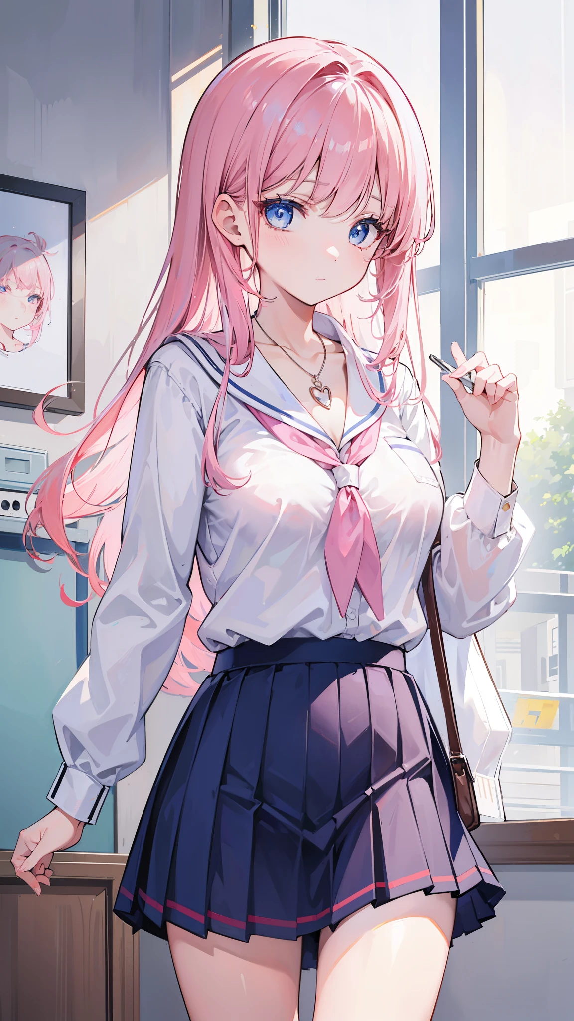 high quality, masterpiece, Super detailed, School uniform, Very short skirt, unbuttoned shirt, white,  necklace, Female head, 1 girl, alone, calm expression, long pink hair, charming blue eyes , big breasts, School