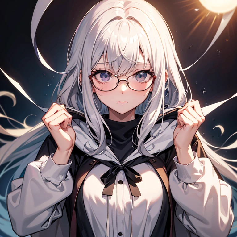 messy hair、dull bangs、messy hair、Sloppy、cross-eyed、drunk、( fool / Sexual ecstasy)、Glasses、highest quality, Super delicate illustration, Beautiful charming anime girl, slender body, tied hair, one girl,wearing a hood,hoodie、close up of face、Hands are not reflected