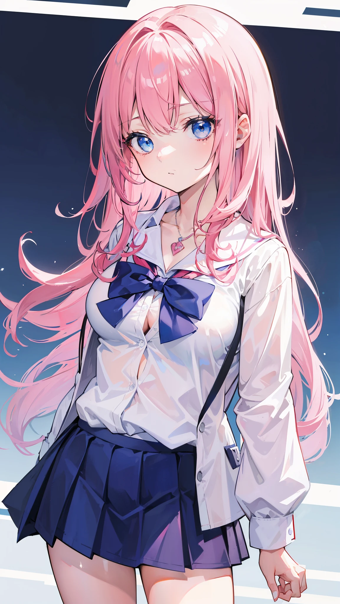 high quality, masterpiece, Super detailed, School uniform, Very short skirt, unbuttoned shirt, white,  necklace, Female head, 1 girl, alone, calm expression, long pink hair, charming blue eyes , big breasts, School