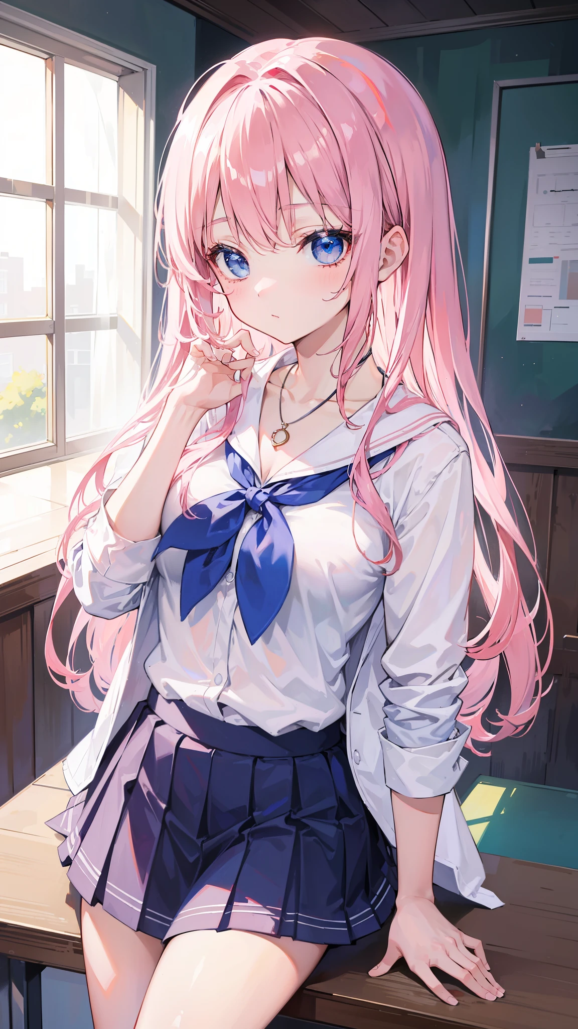 Anime girl with pink hair and blue eyes sitting on a table - SeaArt AI