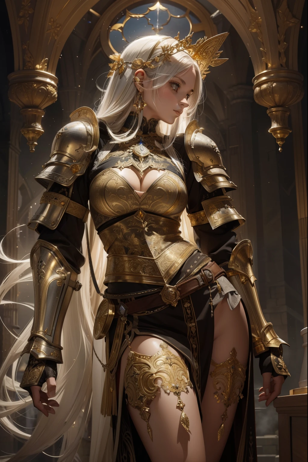 Detailed long white hair, (((wearing a realistic and detailed golden and gray medieval armor, aethereal fantasy aesthetic style))) detailed perfect skin, intricate perfect beauty face, detailed sharp eyes, detailed eyes and pupils, (((from face to the waist))), (((beauty slim shape))), 4k, UHD, (masterpiece), best quality, expressive eyes