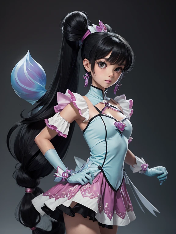 gentle toned magical girl with messy black twintail hair