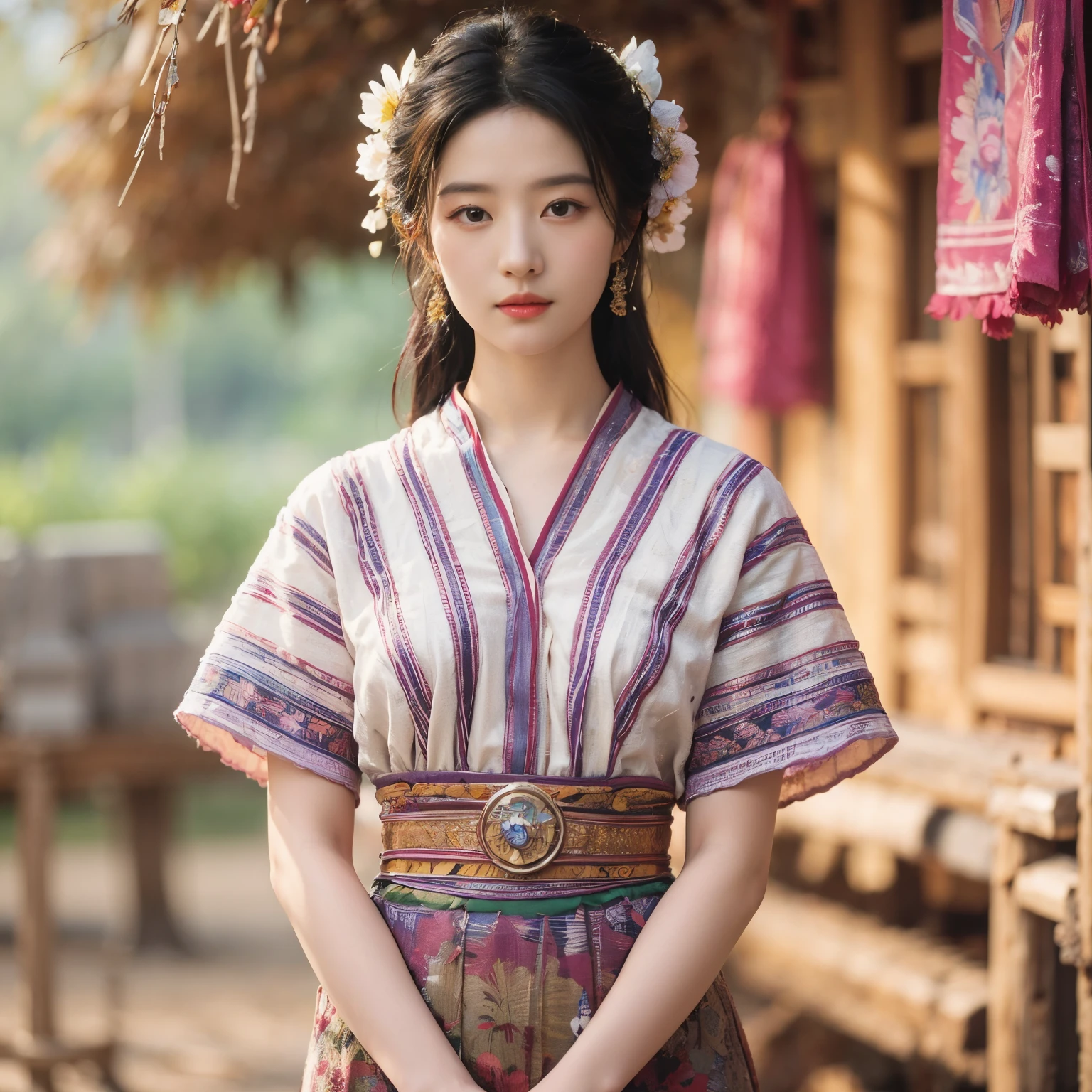 A girl in a tranquil garden, surrounded by beautiful flowers under the warm sunlight. The garden has a peaceful atmosphere with soft lighting. The girl's portrait is detailed and painted in an oil painting style. The colors in the painting are vibrant, creating a lively and vibrant composition.maple leaf falling background