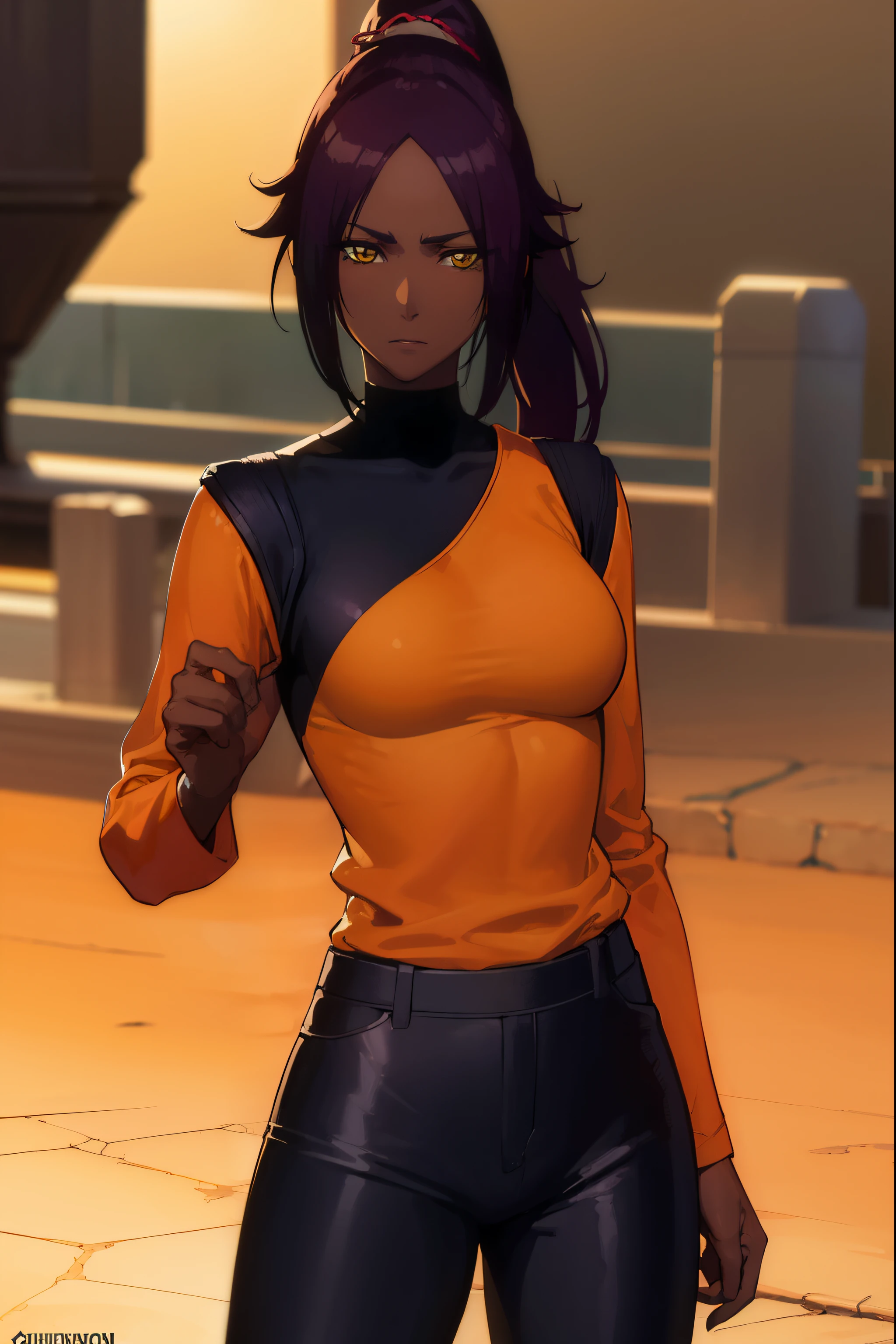yoruichishihouin, yoruichi shihouin, long hair, (yellow eyes:1.5), ponytail, purple hair, dark skin, dark-skinned female,
BREAK bodysuit, black bodysuit, bodysuit under clothes, (orange shirt:1.5), long sleeves,
BREAK outdoors,
BREAK looking at viewer, (cowboy shot:1.5),
BREAK (masterpiece:1.2), best quality, high resolution, unity 8k wallpaper, (illustration:0.8), (beautiful detailed eyes:1.6), extremely detailed face, perfect lighting, extremely detailed CG, (perfect hands, perfect anatomy),