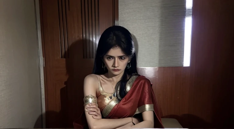 1INTERROGATION ROOM - NIGHT ,30 age, indian waman , red sari , set on chair for police interoget , sad face,distraught and disheveled. The room is dimly lit, casting shadows on the tension in the air.