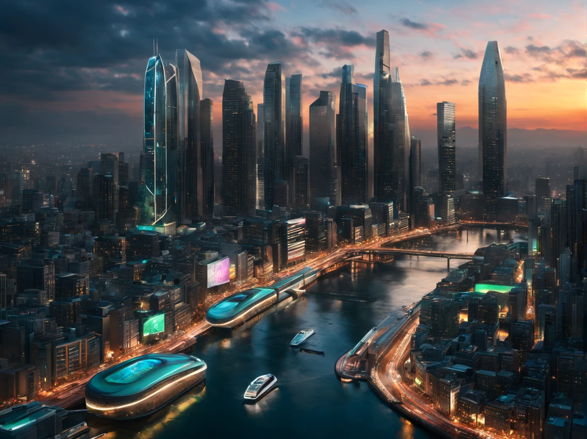 (best quality,4k,8k,highres,masterpiece:1.2),ultra-detailed,(realistic,photorealistic,photo-realistic:1.37),futuristic,cityscape,night scene,illuminated buildings,high-rise skyscrapers,glowing neon lights,hovering vehicles,high-tech architecture,shining glass windows,reflection on the water,innovative transportation system,curved and sleek designs,advanced technology,urban metropolis,aerial view,dynamic energy,streets bustling with activity,holographic advertisements,smart city infrastructure,vivid colors,contrast of light and shadow,impressive scale,immaculate cleanliness,smooth surfaces,surreal atmosphere,zero-emission policies,eco-friendly initiatives,seamless integration of nature,green rooftops,intricate city planning,efficient public transportation,creative urban layouts,endless possibilities,metropolitan vibes.
