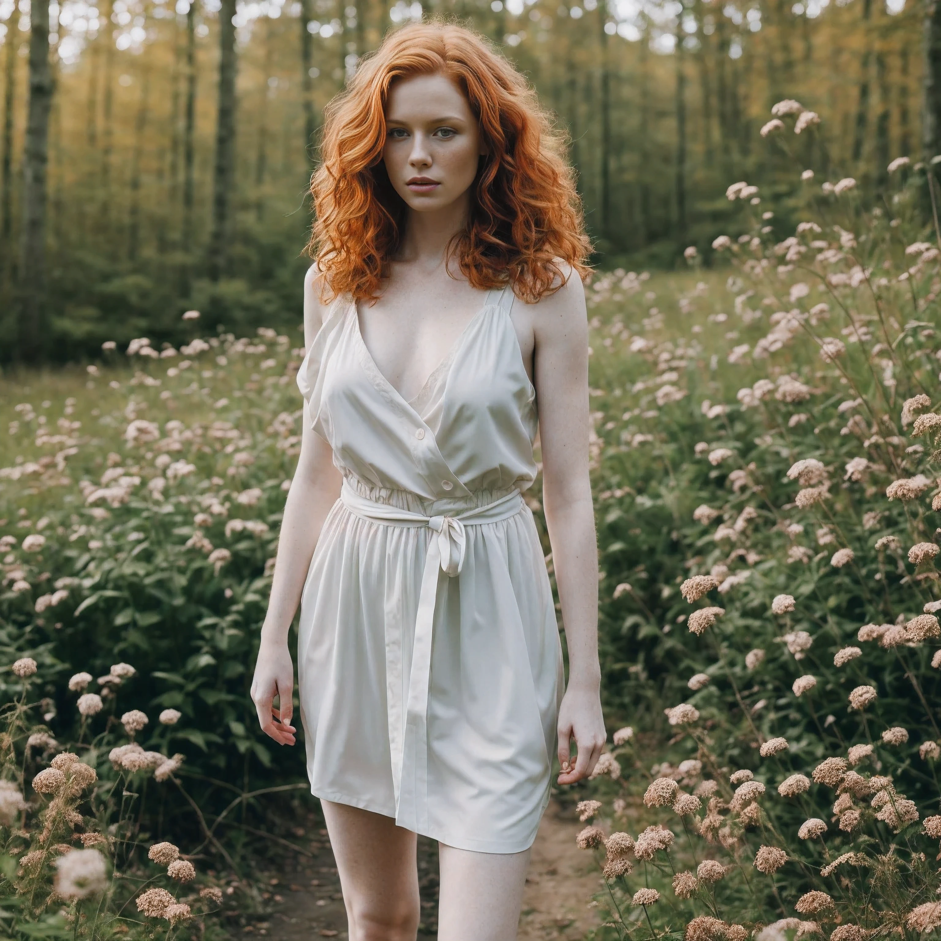 1woman in, age35, Solo, Aesthetic artwork, irish redhead, wavy ginger hair, shoulder length ginger hair, some small freckles, pale skin, small breasts, runners body, fullbody shot, imperfect skin, goosebumps, ager fashion, beautiful nature location, around flower location, (extremely detailed 8k wallpaper), soft lighting, high quality, film grain, Fujifilm XT3 sharp focus, f 5.6, 50mm, High Detail, Sharp focus,(natural light), (seductive), Realistic, ultra realistic, photo realistic, crazy details, complex details, hyper detailed,