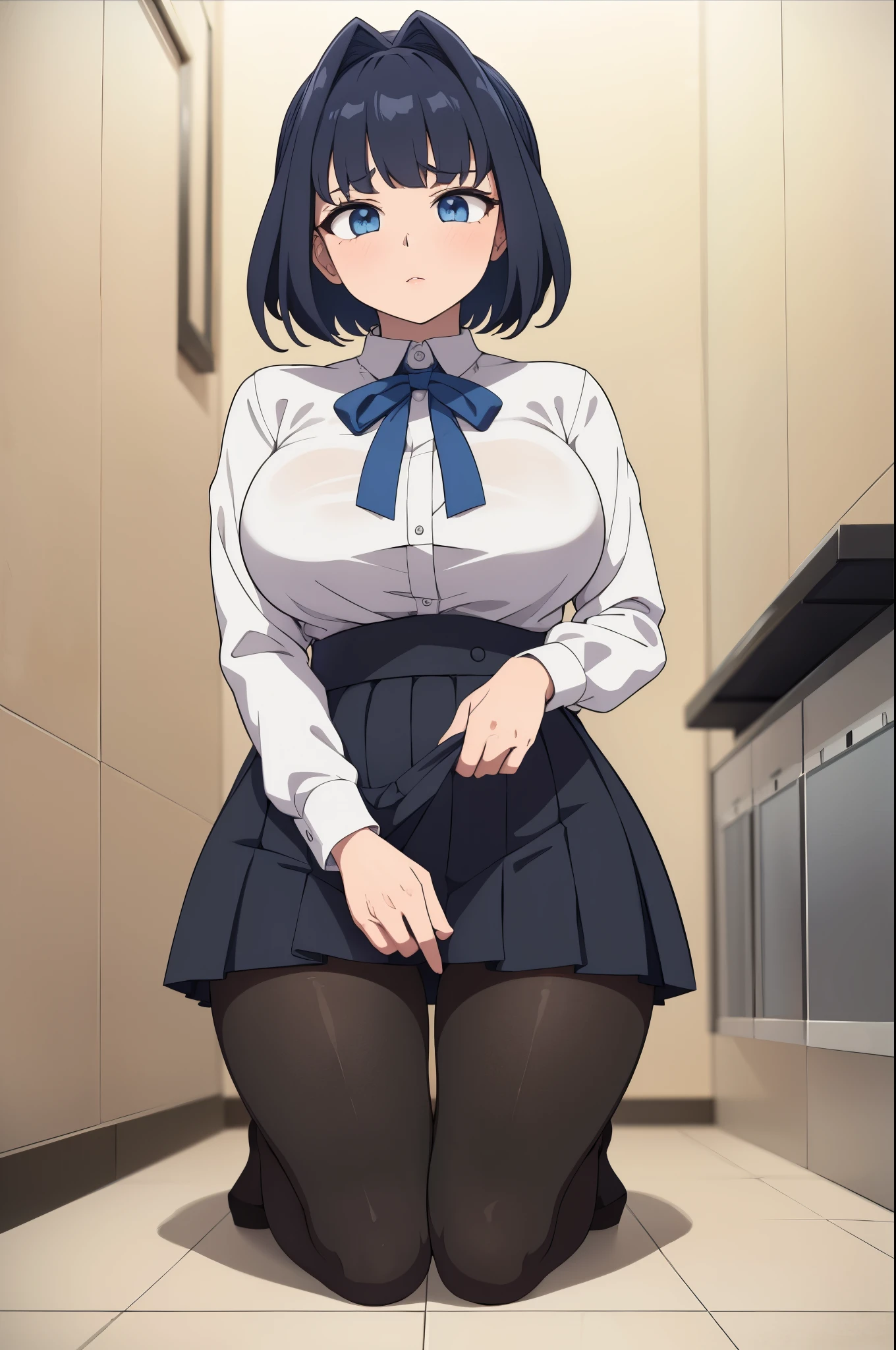 masterpiece, best quality, ultra-detailed, illustration, colorful, flat color, depth of field, 1girl, ouro kronii, anime, staying on her knees on the floor, dark blue hair, short hair, blue eyes, looking at viewer, at restroom, white shirt, black tie, black skirt, pantyhose, black pantyhose, detailed skin texture, detailed cloth texture, beautiful detailed face, blush, shy, huge breasts, view from front