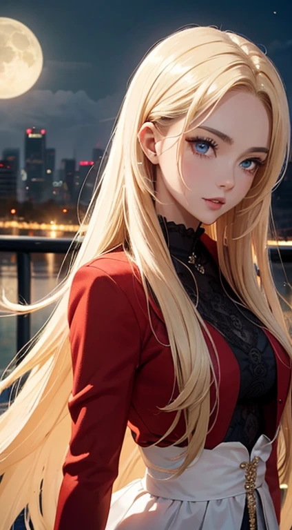 masterpiece, highest quality, (focus only), (perfect face:1.1), (high detail:1.1), (highly detailed eyes), dramatic, 1 guy, (white skin), long blonde hair, (Red irises), individual focus, vampire, long hair, moon, night, Red luxury suit, plump lips, city, detailed background, Art by Artgerm, cinematic lighting, red rose, fashion
