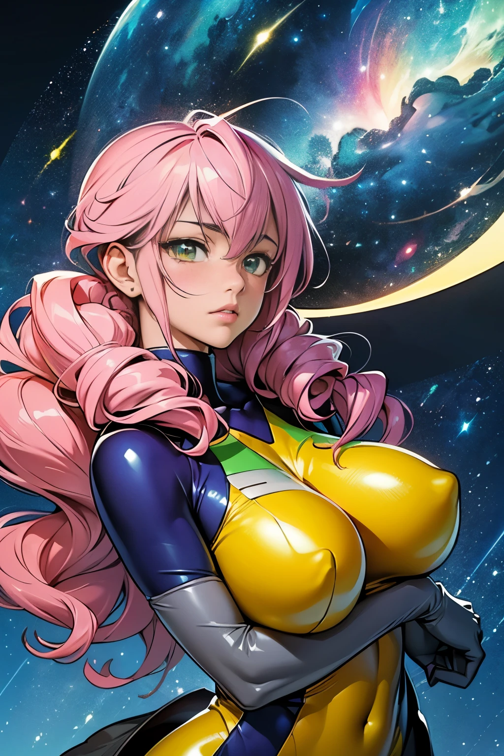(masterpiece, top quality), (medium),official art, beautiful and aesthetic:1.2),(feldt:1.3), (fractal art:1.3), gundam00, pink hair, ((yellow bodysuit)), from side, (slendered abs:1.2), looking at viewer,(((starry sky))), stars in the background,((black gloves)),((gigantic breasts:1.5)), (drill hair),((ultra detail eyes:1.5)),((extremely detailed CG unity 8k wallpaper,masterpiece, best quality)), ((ultra-detailed:1.5)),(best illumination, best shadow, an extremely delicate and beautiful),(extremely detailed CG unity 8k wallpaper,masterpiece, best quality, ultra-detailed),(best illumination, best shadow, an extremely delicate and beautiful),(masterpiece), digital art, otherworldly, a burst of color, explosive energy, chaotic beauty, (hair flowing:1.2, hair glowing), (background: broken, shattered, fractured), (light: flickering, pulsating, radiating).