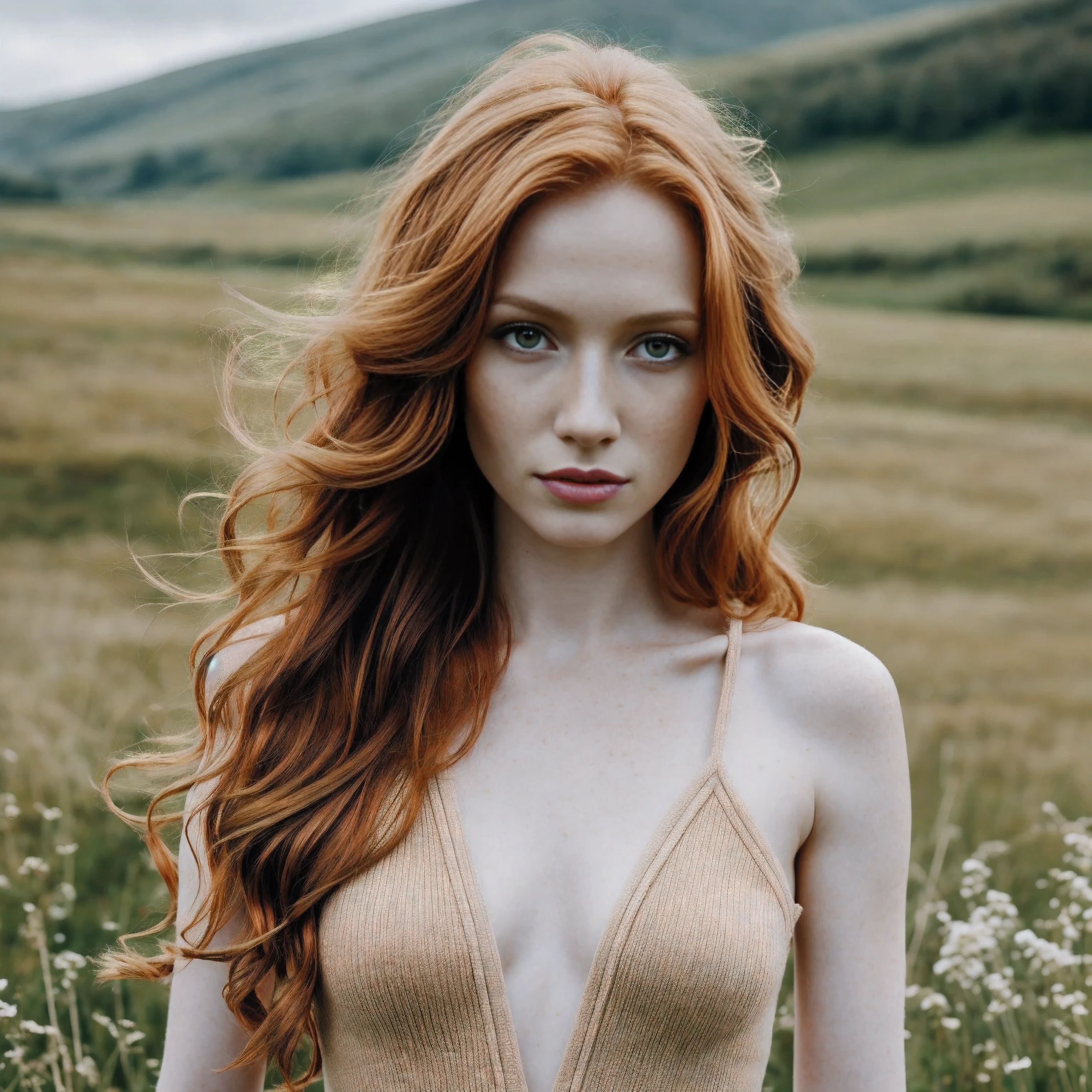 1woman in, age35, Solo, Aesthetic artwork, irish redhead, wavy ginger hair, shoulder length ginger hair, some small freckles, pale skin, small breasts, runners body, fullbody shot, imperfect skin, goosebumps, ager fashion, beautiful nature location, around flower location, (extremely detailed 8k wallpaper), soft lighting, high quality, film grain, Fujifilm XT3 sharp focus, f 5.6, 50mm, High Detail, Sharp focus,(natural light), (seductive), Realistic, ultra realistic, photo realistic, crazy details, complex details, hyper detailed,