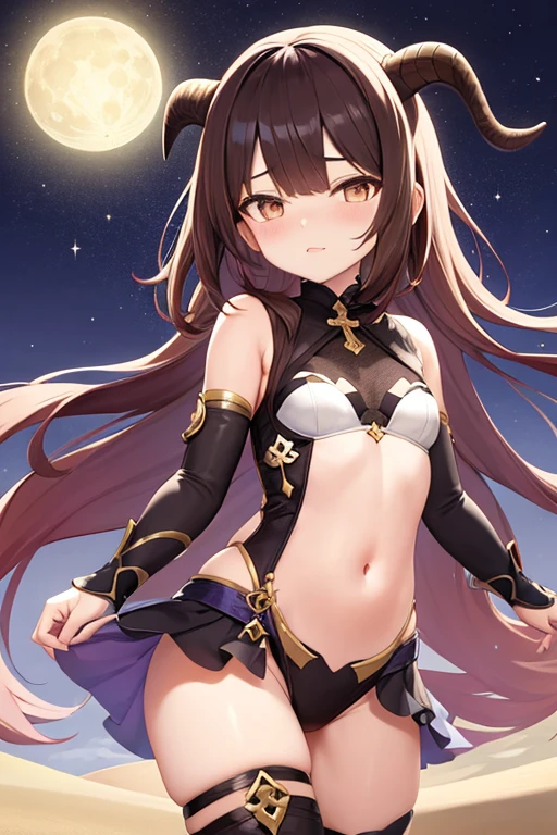 My genshin impact oc, brown hair, stars, moon, brown hair, sumeru desert outfit, black horns with pink outlines, hair covering 1 eye