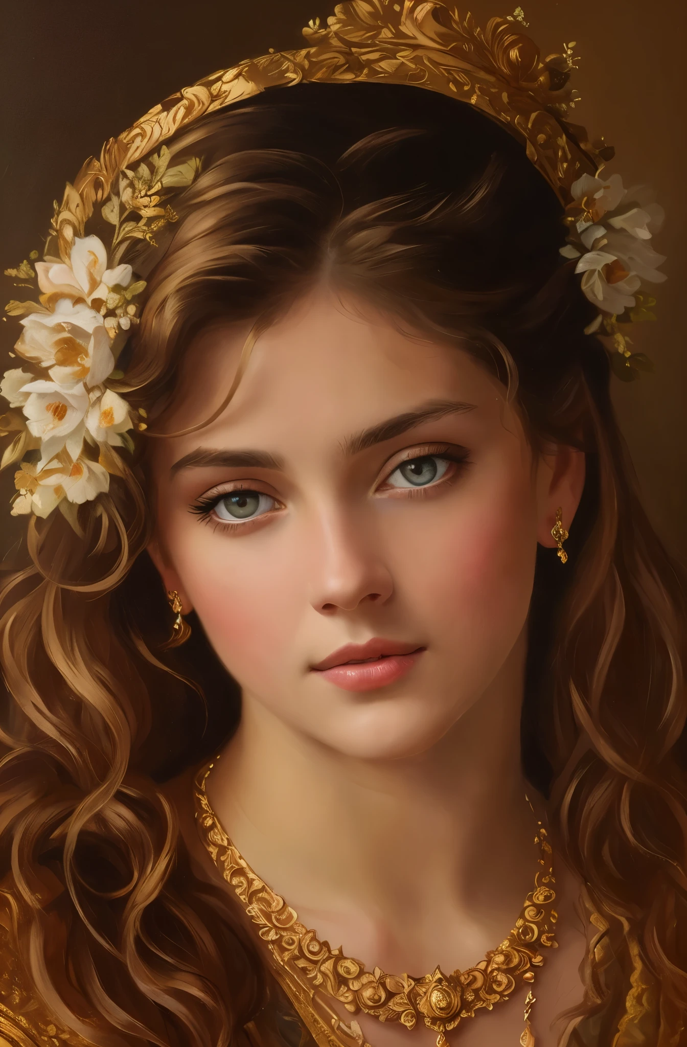 portrait, girl, middle ages, classicism, andrey atroshenko style, painting, pierced eyes, beautifully styled hair, traditional media, realistic, figurative, fine art, oil on canvas, HDR, 8K, original character, high resolution, high detail, focus on the face, beautiful eyes
