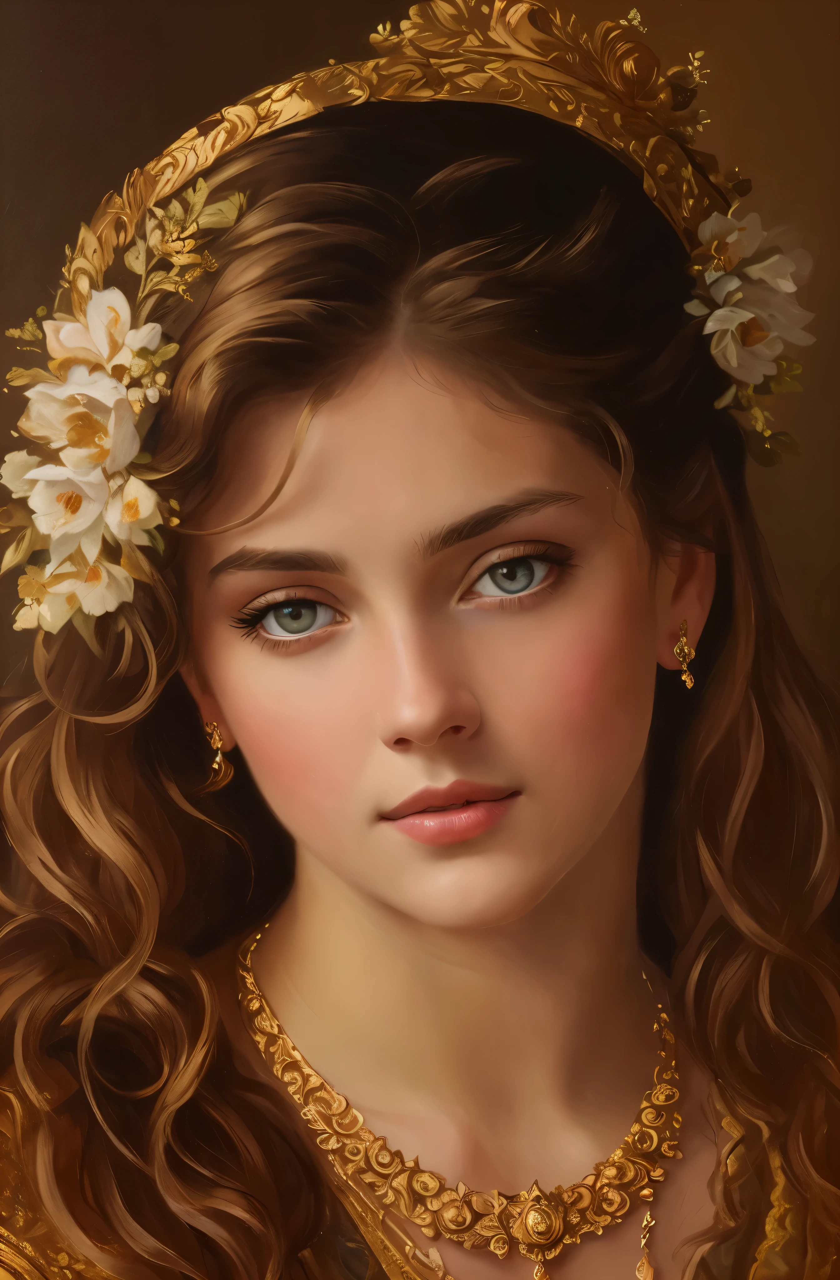 portrait, girl, middle ages, classicism, andrey atroshenko style, painting, pierced eyes, beautifully styled hair, traditional media, realistic, figurative, fine art, oil on canvas, HDR, 8K, original character, high resolution, high detail, focus on the face, beautiful eyes