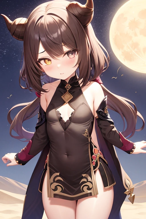 My li genshin impact oc, brown hair, stars, moon, brown hair, sumeru desert outfit, black horns with pink outlines, hair covering 1 eye