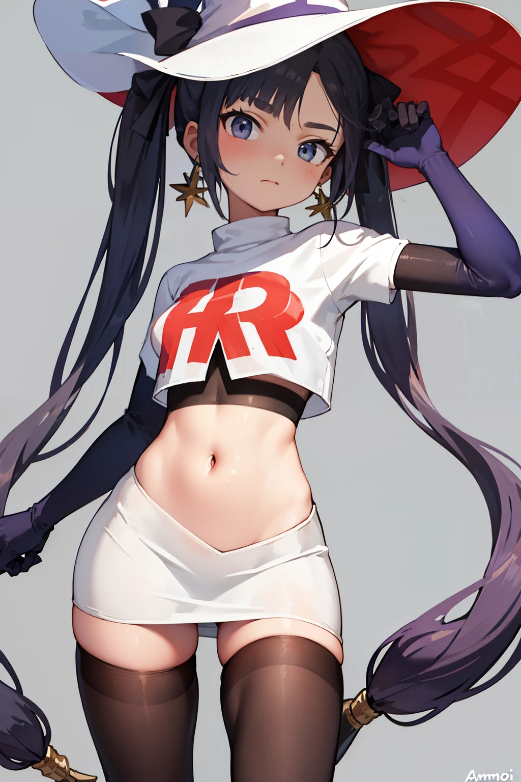 ((masterpiece,best quality)), team rocket,team rocket uniform, red letter R, white skirt,white crop top,black thigh-highs,black elbow gloves zettai ryouiki, aamona, long hair, twintails, hair ornament, black ribbon, earrings, witch hat, purple headwear, cowboy shot,