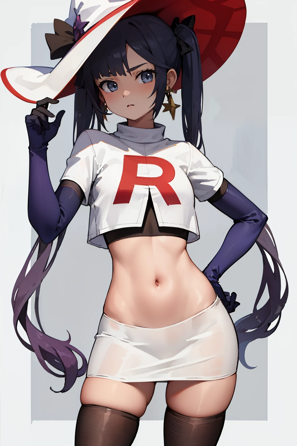 ((masterpiece,best quality)), team rocket,team rocket uniform, red letter R, white skirt,white crop top,black thigh-highs,black elbow gloves zettai ryouiki, aamona, long hair, twintails, hair ornament, black ribbon, earrings, witch hat, purple headwear, cowboy shot,