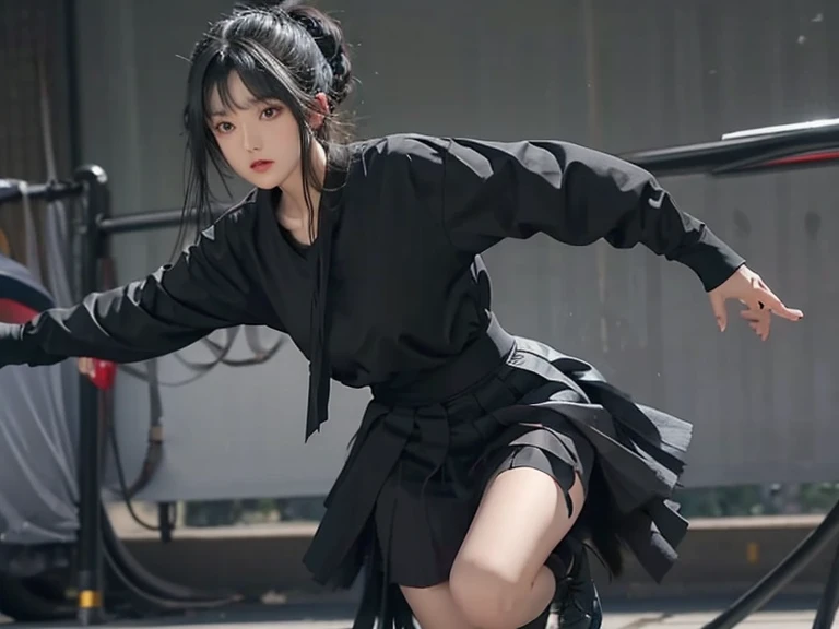 Female idol, dressed in black dancer, long black hair, flat bangs, hair tied in one knot, knee-length black skirt, female idol