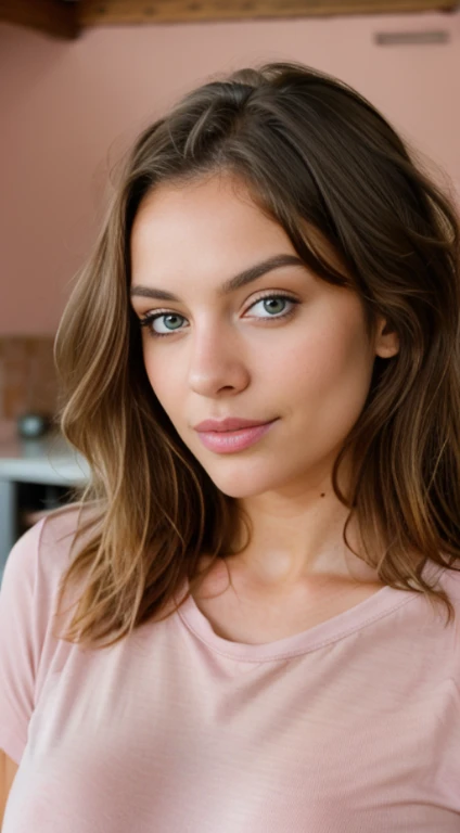 Beautiful brunette with blonde highlights wearing  pink t-shirt (in a home), highly detailed, 22 years old, , boobs, innocent face, natural wavy hair, blue eyes, high resolution, Masterpiece, Best quality, Intricate high detail, Highly detailed, Sharp focus, Detailed skin, realistic skin texture, texture, detailed eyes, professional, 4k, charming smile, shot on Canon, 85mm, shallow depth of field, Kodak Vision Color, Perfect Fit Body , extremely detailed, photography_\(ultra\), Photorealistic, Realistic, Post-processing, maximum details, roughness, real life, ultra realistic, Photorealism, photography, 8k UHD, photography, sexy