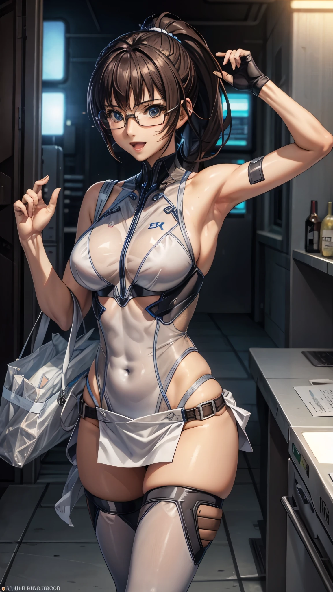 woman,20-year-old,,city,night,white tight miniskirt bodysuit,(Harada Makoto),open mouth smile((See-through))glasses,((beautiful long ponytail))