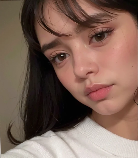There's a woman with long hair and a white sweater, hermosa cara latina, labios gruesos, headshot foto de perfil, Cerrar la cara, pelo negro y ojos grandes, rostro perfectamente iluminado, cejas gruesas y tupidas y rectas, charli xcx, 🤤 girl portrait, violeta myers, Cara extremadamente hermosa, small lips pointed nose, charli bowater, foto de perfil
