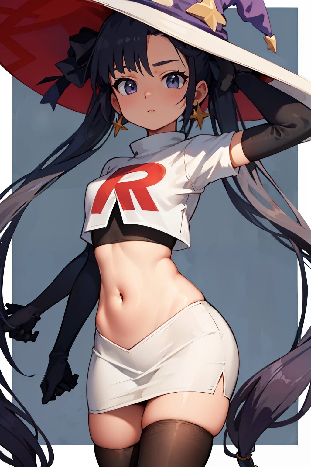 ((masterpiece,best quality)), team rocket,team rocket uniform, red letter R, white skirt,white crop top,black thigh-highs,black elbow gloves zettai ryouiki, aamona, long hair, twintails, hair ornament, black ribbon, earrings, witch hat, purple headwear, cowboy shot,