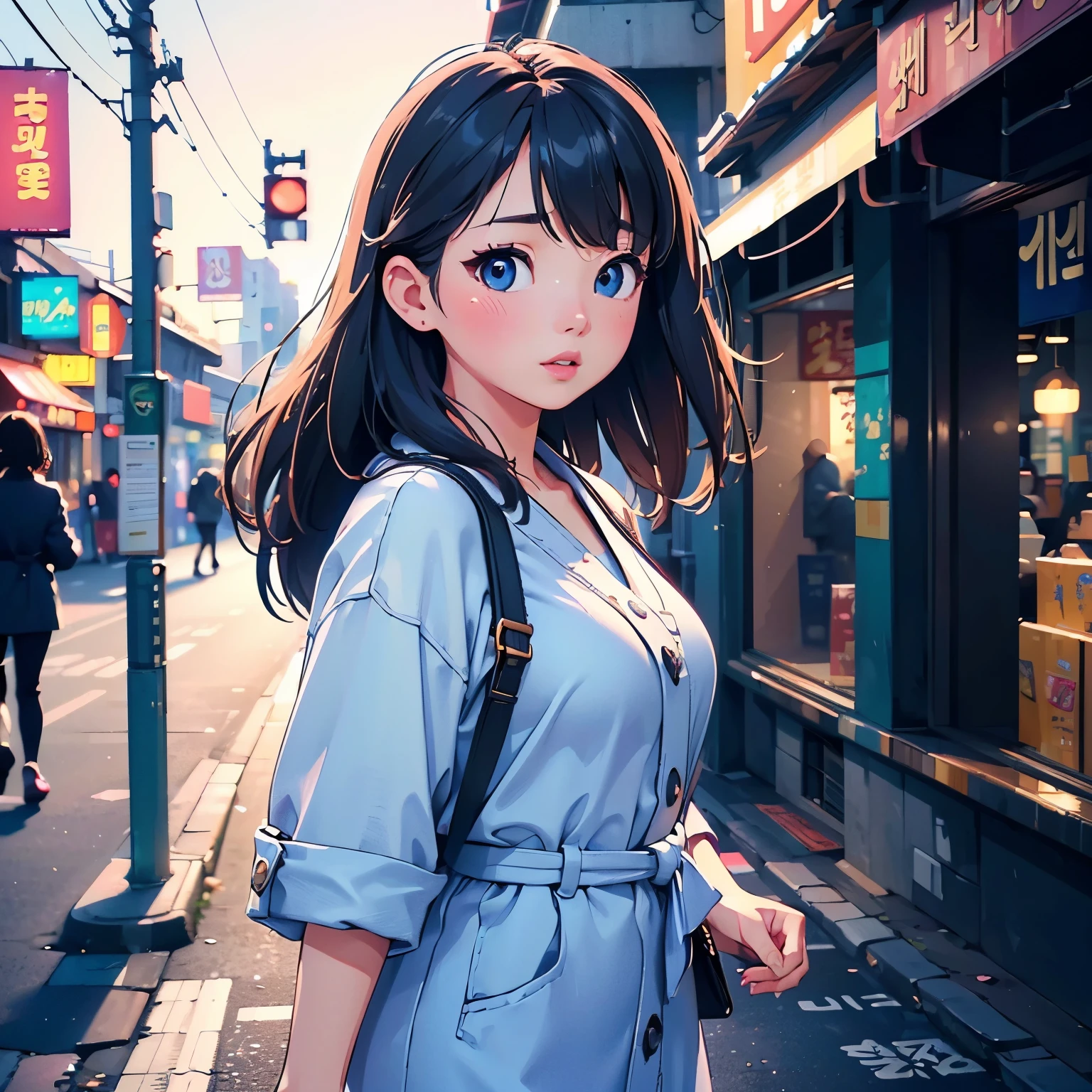 (best quality,highres,realistic:1.37),cinematic style,soft lighting effect,girl from Korea walking on the street,detailed face,beautiful eyes,smooth lips,fashionable outfit,urban setting,vibrant colors,stunning background,motion blur,Korean cultural elements,street photography,bokeh