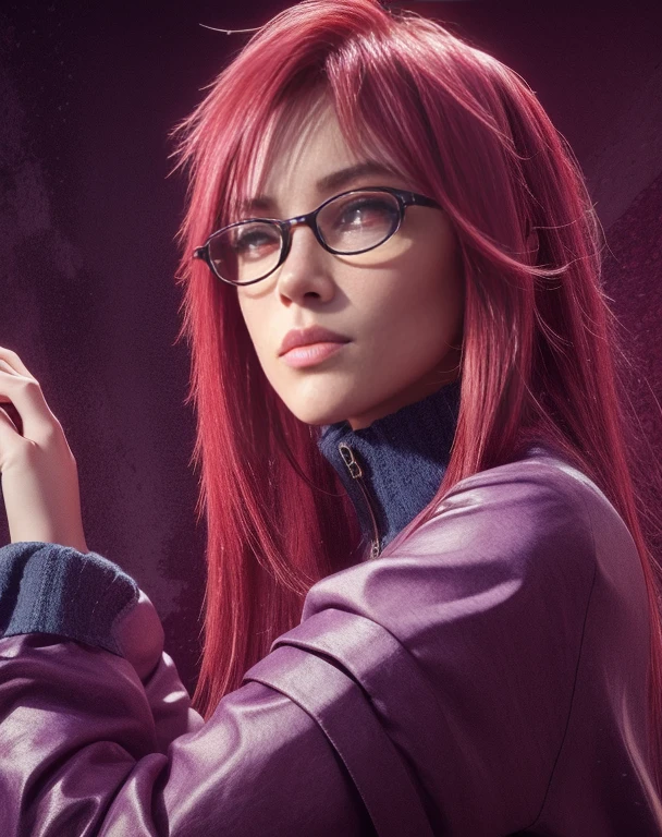 young woman, tanned skin, long red layered hair, red eyebrows, red eyes, glasses, wide nose, thick lips, round face, lilac clothing, karin, realism, 3d
