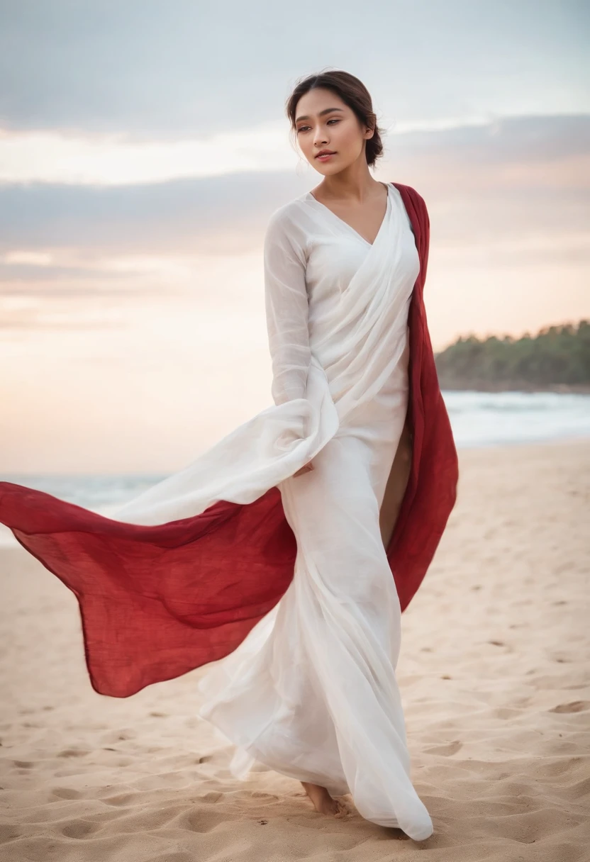 super wide angle shot, an Indonesian woman, super beautiful, 20 years old, she is wearing a white cloth, a long brown cloth with batik motif, dancing using a large red cloth property, sweating, the background is the beach, body is perfectly proportioned, sad face, pose contemporary dancing perfectly, Canon Eos 60D, 50mm fixed lens, hyper realistic, photorealistic, photography, full body, super HD 8K