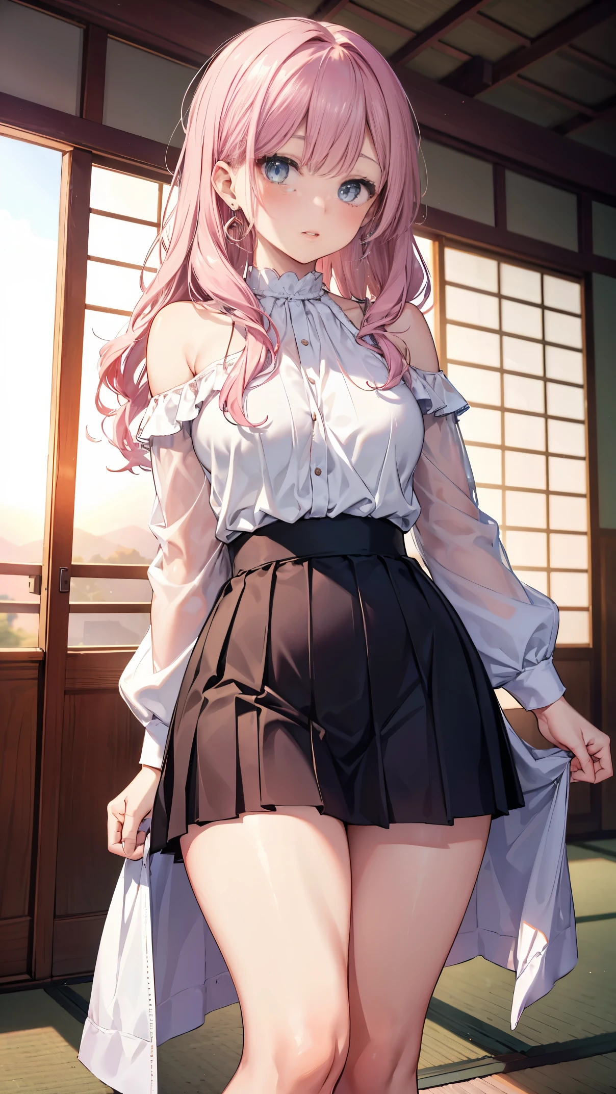 A realistic and detailed image of a girl wearing an off-shoulder blouse and a pleated miniskirt. She has long wavy pink hair. light blue eyes. She has earrings, long eyelashes. she has plump lips, medium breasts, slim waist, The hips are wide，Thighs are thick. 乳房view, view. Arched backward. She knelt on the tatami，The sunset sun shines on her.wearing white