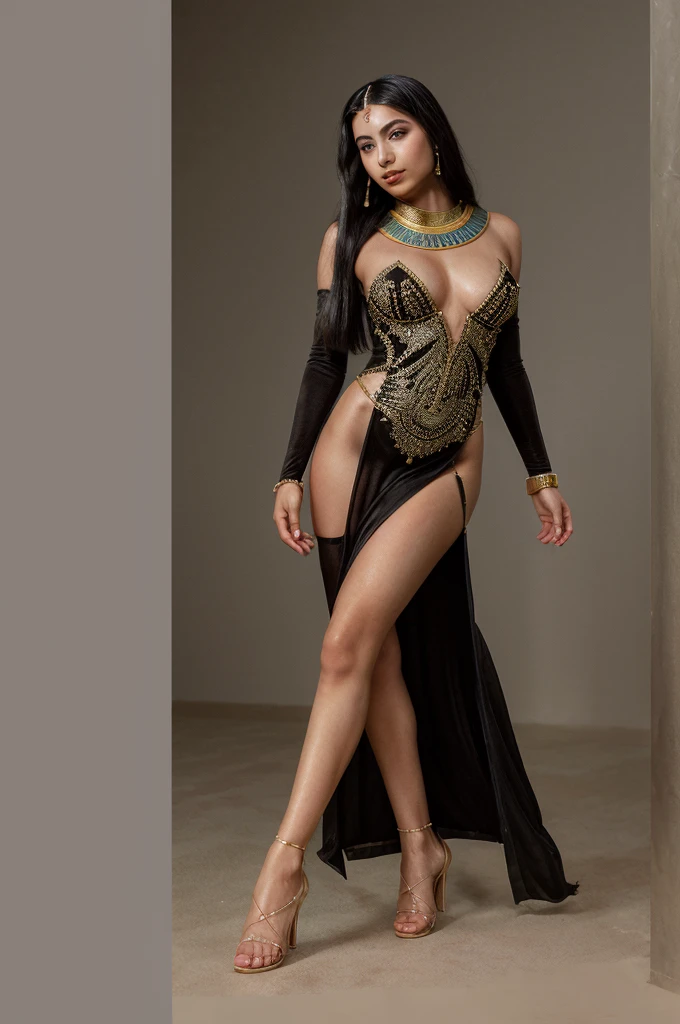 portrait of ((18 years old egyptian princess)), full body, high leg slit gown, hip slit gown