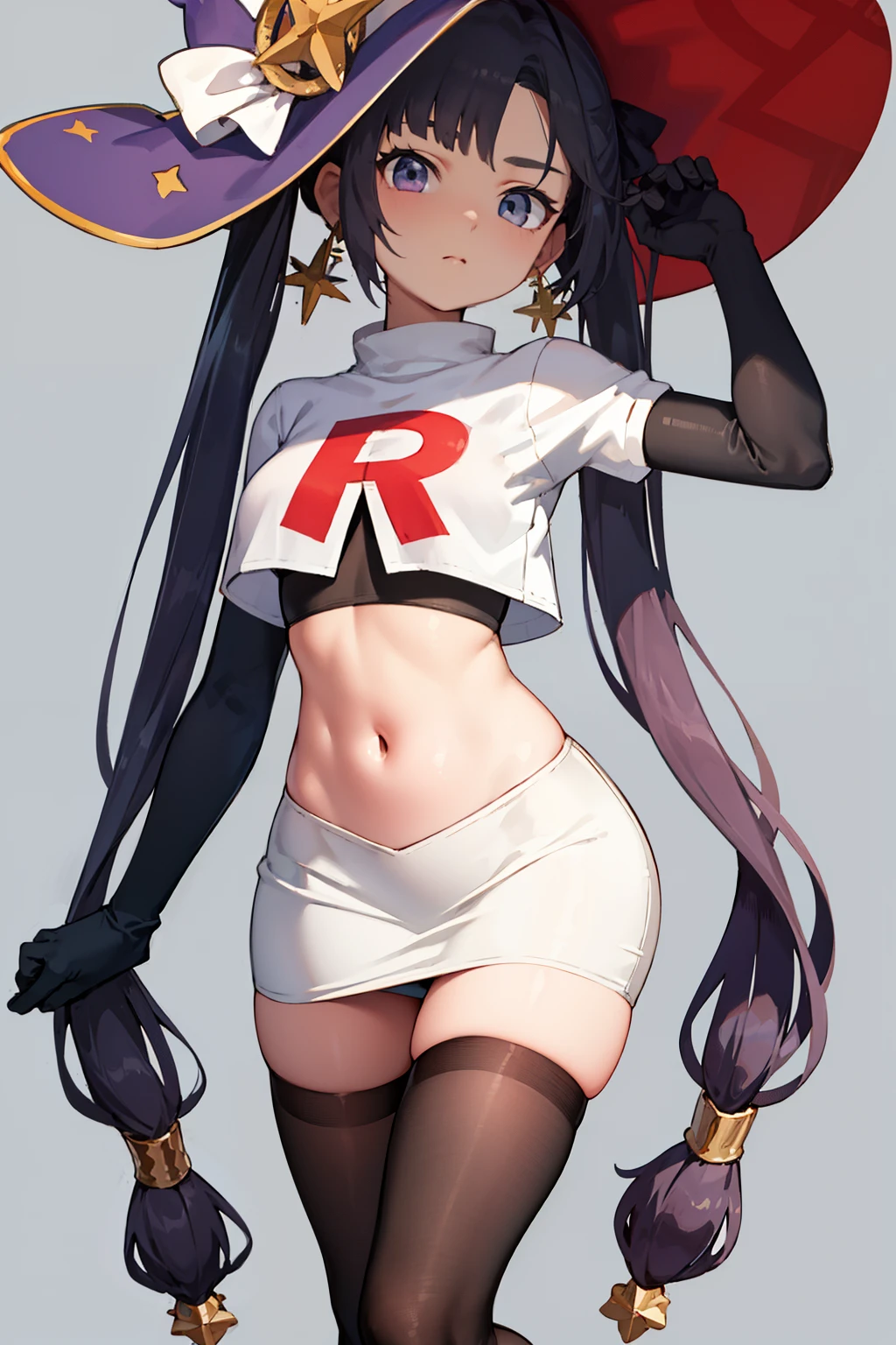 ((masterpiece,best quality)), team rocket,team rocket uniform, red letter R, white skirt,white crop top,black thigh-highs,black elbow gloves zettai ryouiki, aamona, long hair, twintails, hair ornament, black ribbon, earrings, witch hat, purple headwear, cowboy shot,