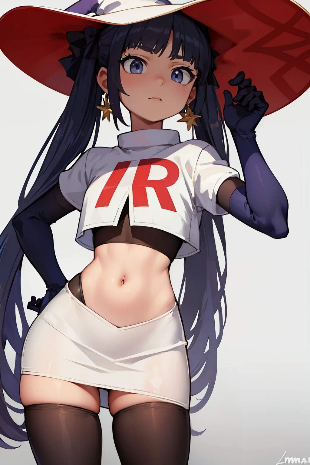 ((masterpiece,best quality)), team rocket,team rocket uniform, red letter R, white skirt,white crop top,black thigh-highs,black elbow gloves zettai ryouiki, aamona, long hair, twintails, hair ornament, black ribbon, earrings, witch hat, purple headwear, cowboy shot,