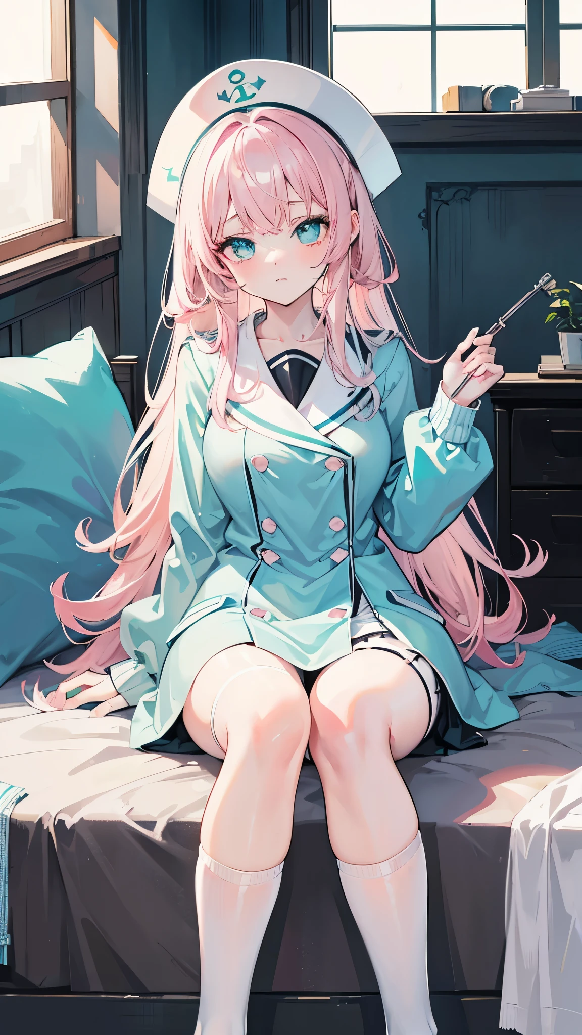 light pink hair,light blue-green eyes,Black sailor suit,Otherworldly pupils,Sit in the infirmary,white hand,black knee socks,a pair of white socks,Big-breasted girl,Laughter,guffaw,Change your sitting posture