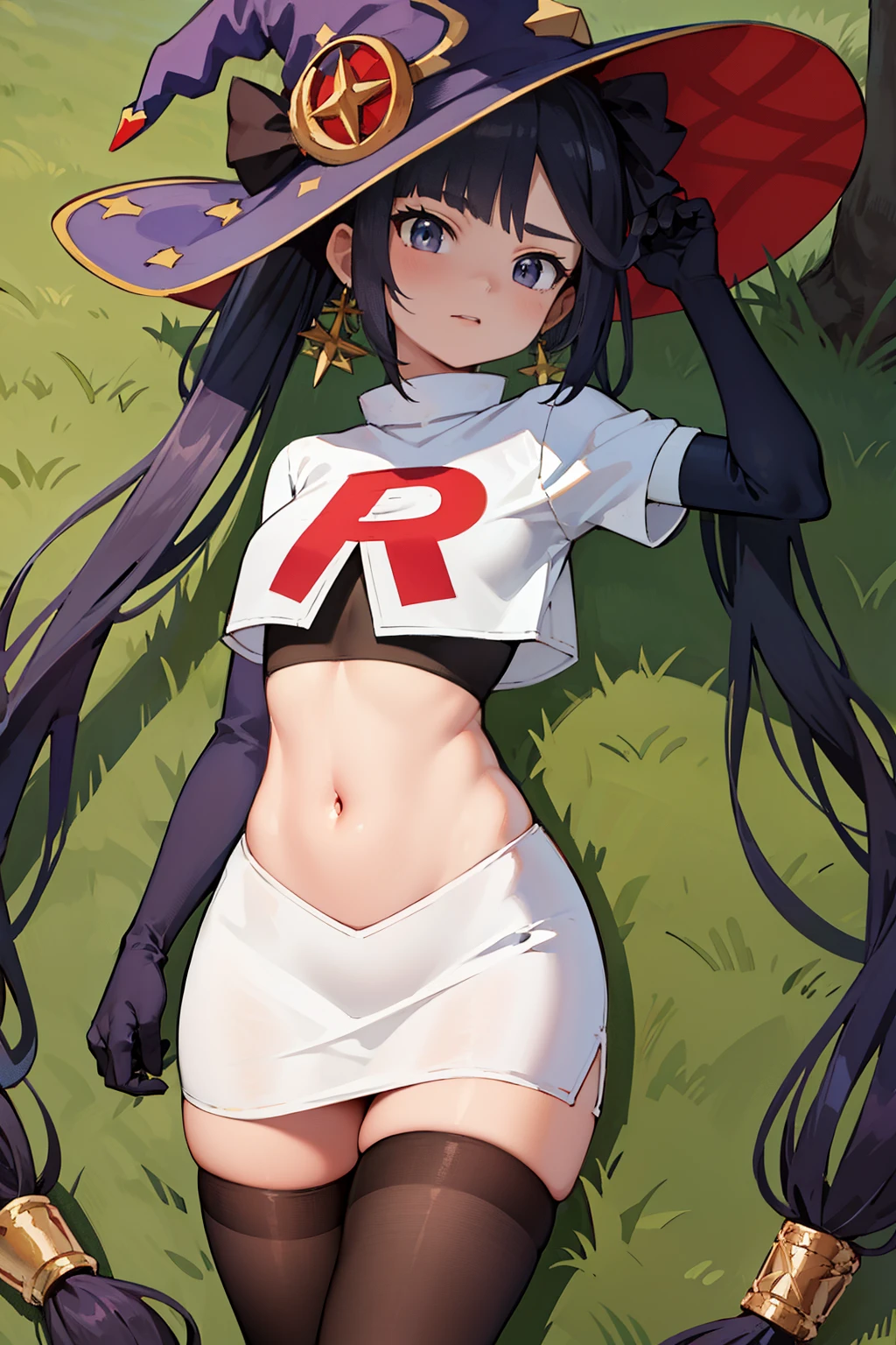 ((masterpiece,best quality)), team rocket,team rocket uniform, red letter R, white skirt,white crop top,black thigh-highs,black elbow gloves zettai ryouiki, aamona, long hair, twintails, hair ornament, black ribbon, earrings, witch hat, purple headwear, cowboy shot,