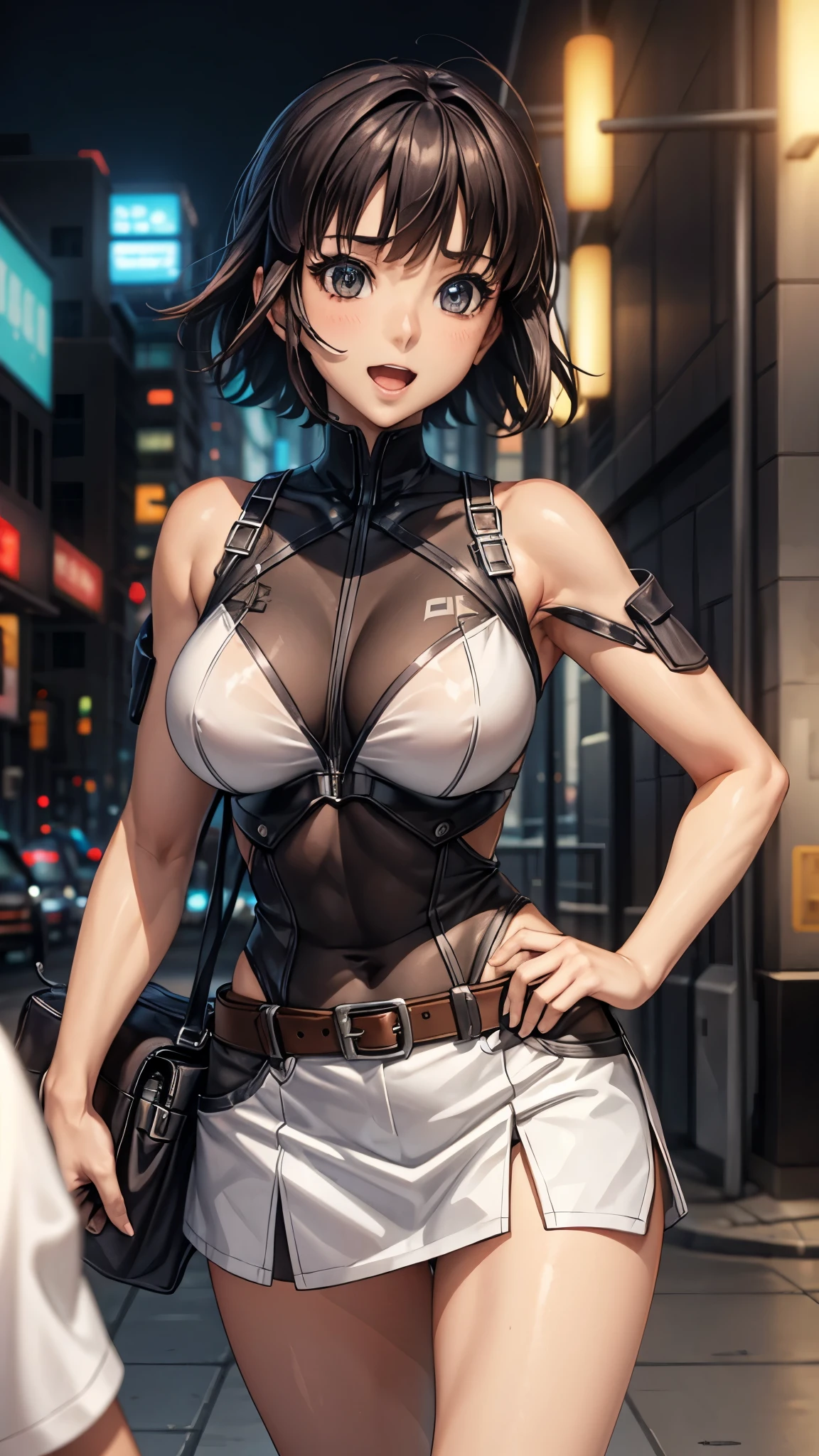 A woman with long black hair and a woman with short blonde hair,20-year-old,,city,night,white tight miniskirt bodysuit,(Harada Makoto),open mouth smile((See-through)),