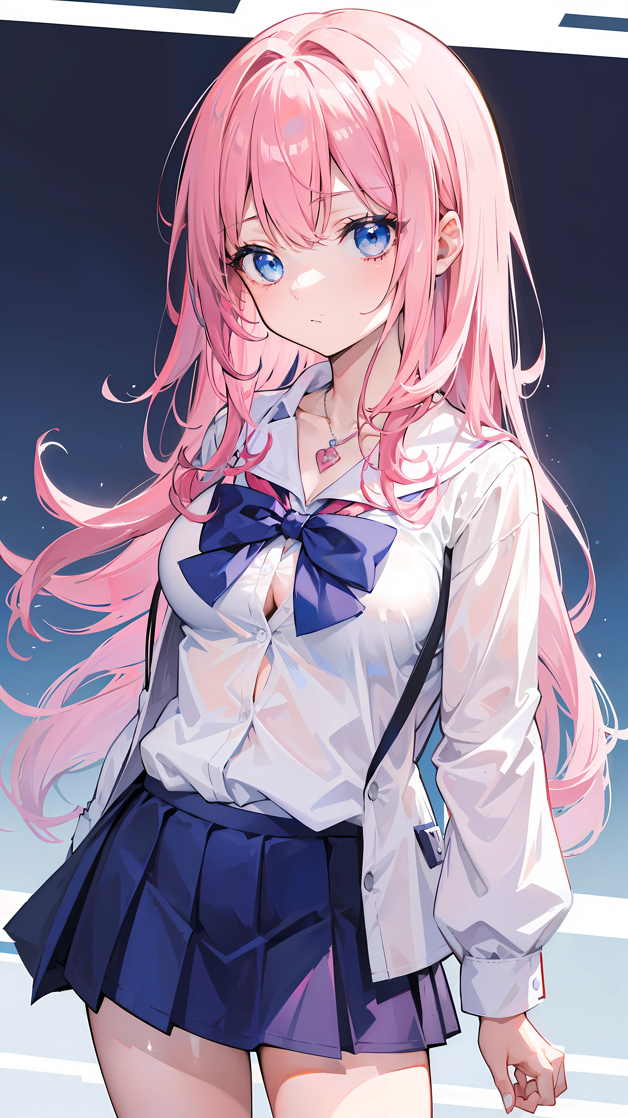 high quality, masterpiece, super detailed, School uniform, Very short skirt, Unbutton your shirt, white, necklace, Female head, 1 girl, alone, calm expression, long pink hair, charming blue eyes , big breasts, School