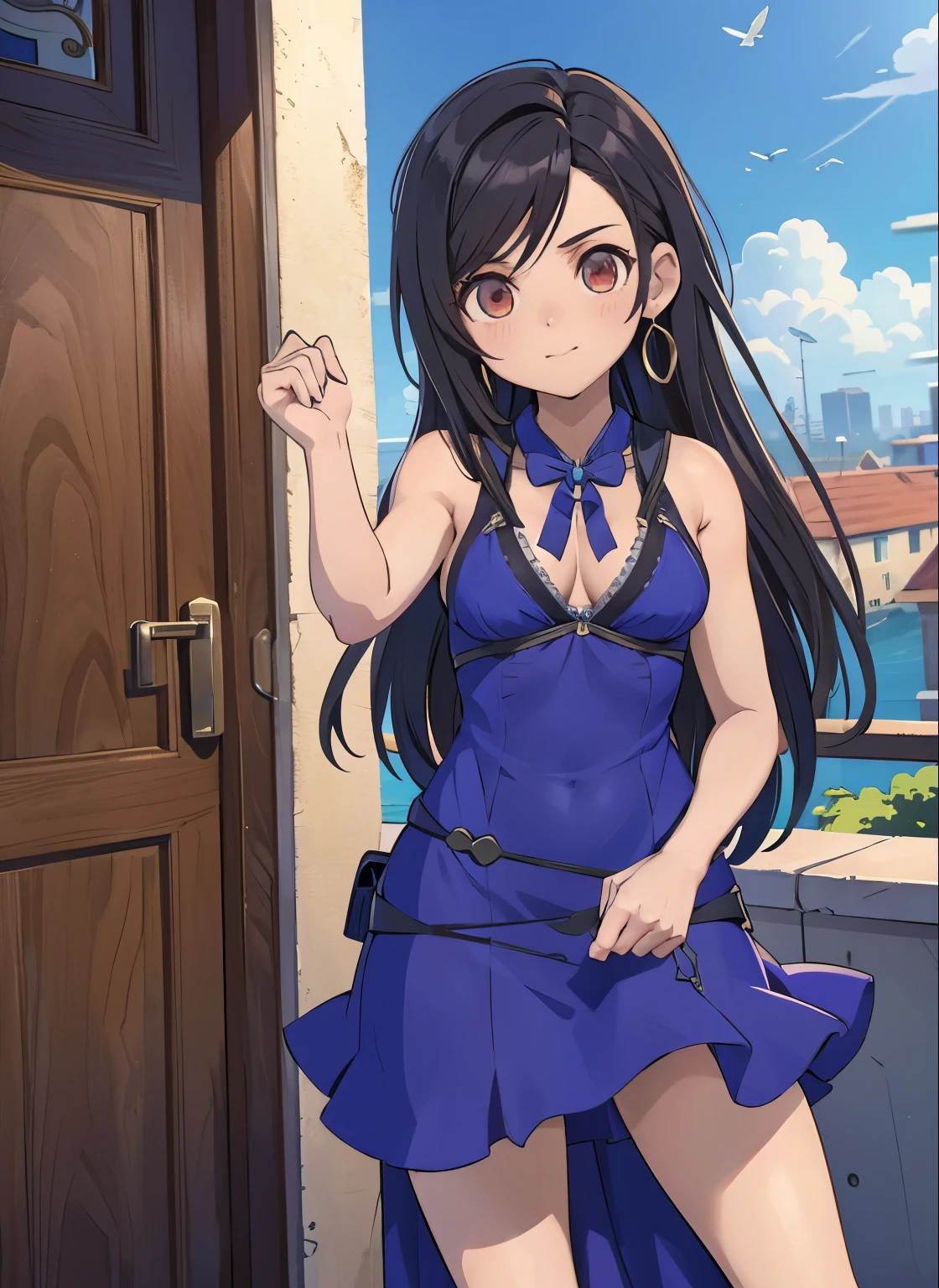 tifa Lockhart, estilo mksks, (fundo muito detalhado:1.0), (fundo altamente detalhado:1.0), Final Fantasy VII Remake, (olhos vermelhos), 1 garota, Ombros nus, Cabelo preto, sem mangas dress , summer dress, casa, Cabelo longo, noite, boca aberta, ao ar livre, sentado, sky, sem mangas, sem mangas dress, cidade, envelheceu, seios pequenos, babados brancos, vestido branco