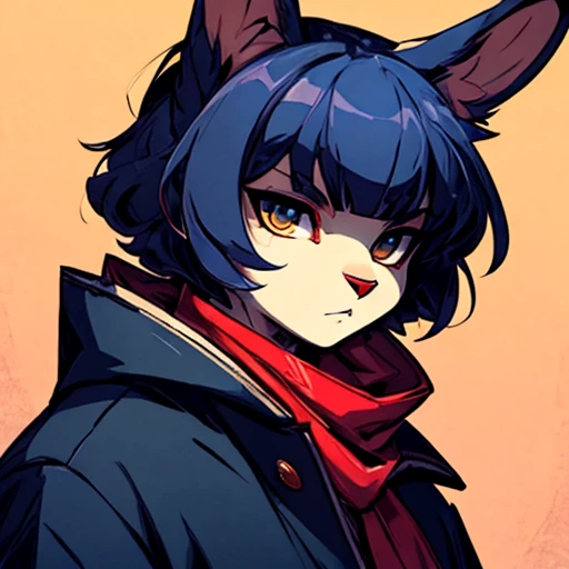 male, Navy blue hair, Indigo left eye, Gray Rabbit，Amber right eye，dark blue coat，Gray lining，Blood-red scarf，killer，individual，furry，long ear，Different pupils，short hair，Bangs