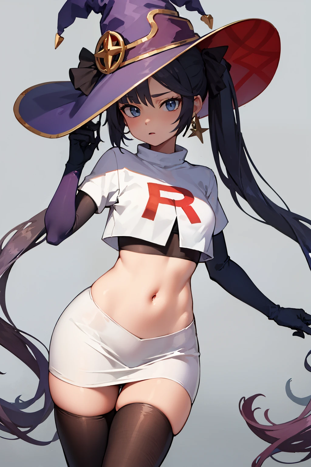 ((masterpiece,best quality)), team rocket,team rocket uniform, red letter R, white skirt,white crop top,black thigh-highs,black elbow gloves zettai ryouiki, aamona, long hair, twintails, hair ornament, black ribbon, earrings, witch hat, purple headwear, cowboy shot,