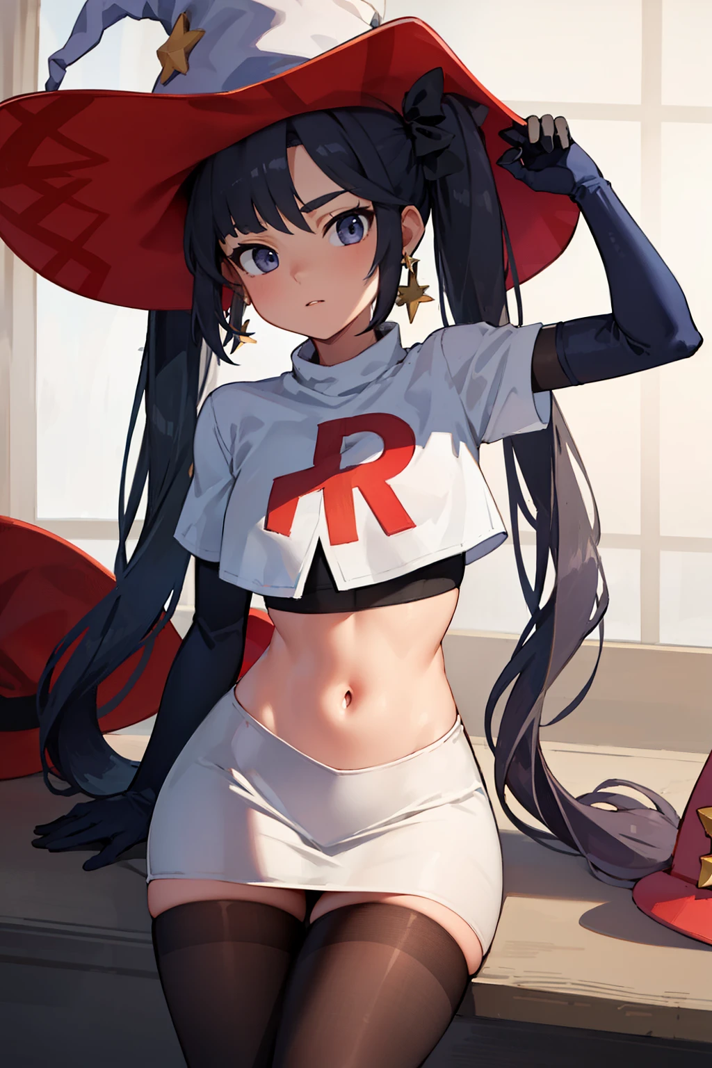 ((masterpiece,best quality)), team rocket,team rocket uniform, red letter R, white skirt,white crop top,black thigh-highs,black elbow gloves zettai ryouiki, aamona, long hair, twintails, hair ornament, black ribbon, earrings, witch hat, purple headwear, cowboy shot,