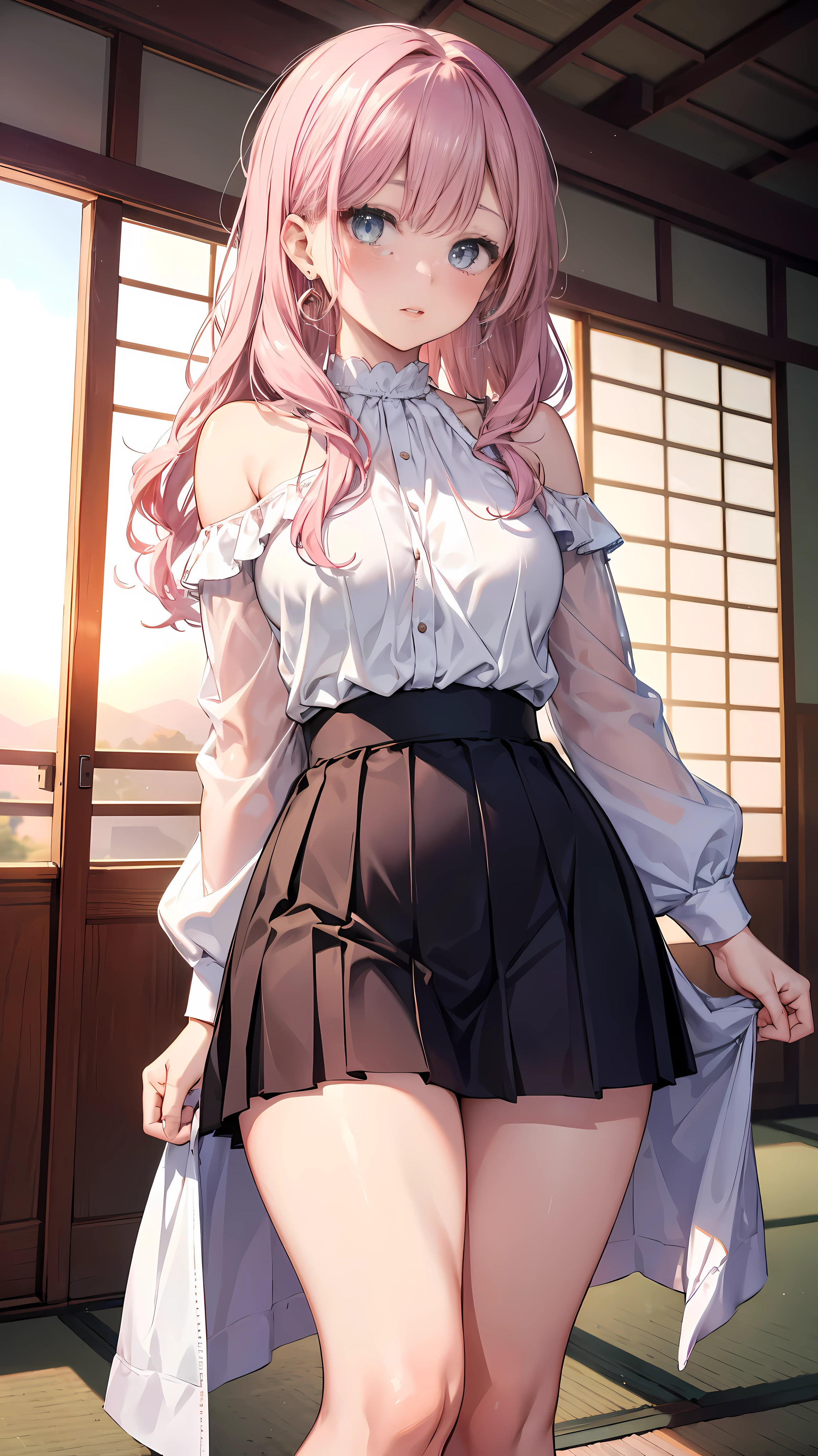 Real and detailed image of a girl wearing an off-shoulder blouse and a pleated miniskirt. She has long pink curly hair. light blue eyes. She has earrings, long eyelashes. she has plump lips, medium breasts, slim waist, The crotch is wide，Thick thighs. ??view, view. Arched backward. She knelt on the tatami，The afterglow of the setting sun fell on her body.wearing white