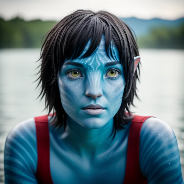 avtr:1.1, avatar style, portrait:1.6, 1girl, female, (blue skin tone:1.0), (short hair:1.0), one pair of pointy ears:1, pixie cut hairstyle, dark brown hair color, 18 years old:1, face wrinkles, wearing tribal clothing, wearing a top:1, sitting in the river water, river, wet hair:1, wet body:1, detailed eyes, toned body, muscled body, glowing, ethereal atmosphere, dreamy lighting, otherworldly beauty, (best quality, highres), ultrarealistic, skin details, striped skin, sfw, ultradetailed body, pencil drawing style:1, colored sketch:1, 2D, comics style