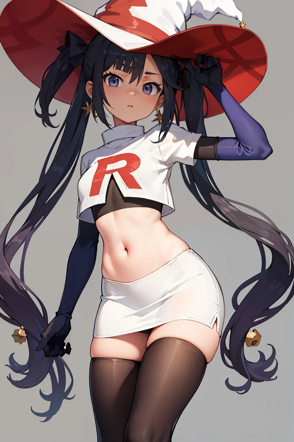 ((masterpiece,best quality)), team rocket,team rocket uniform, red letter R, white skirt,white crop top,black thigh-highs,black elbow gloves zettai ryouiki, aamona, long hair, twintails, hair ornament, black ribbon, earrings, witch hat, purple headwear, cowboy shot,