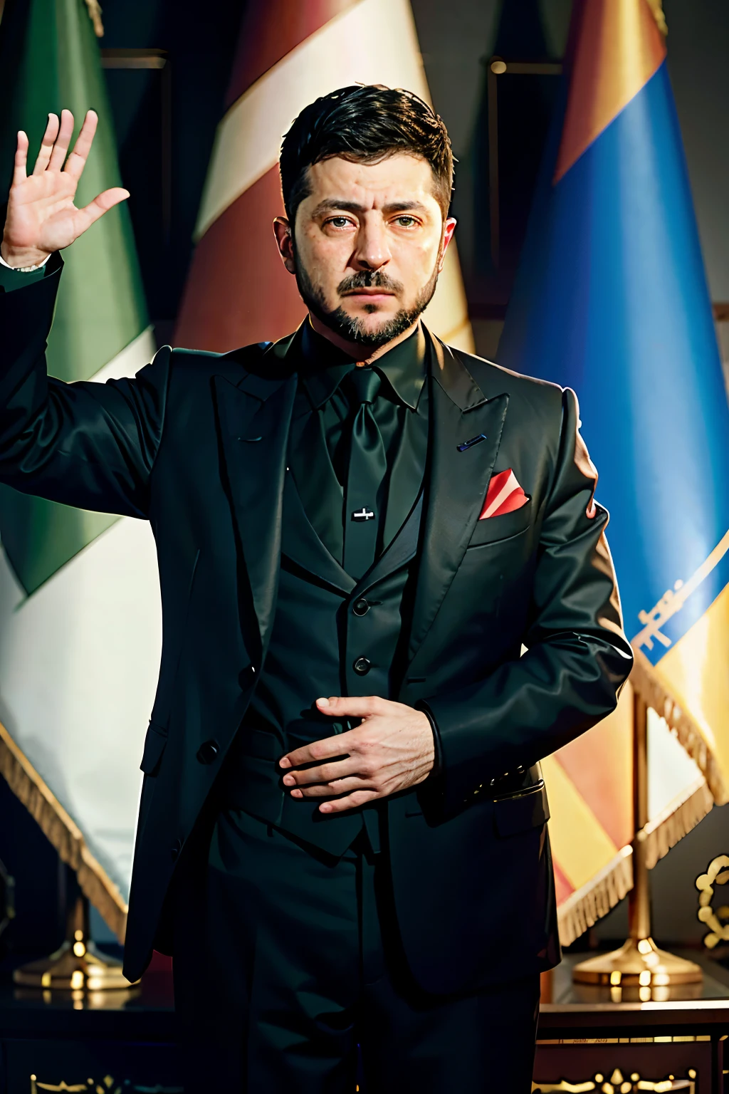 with a beard, wearing a suit, giving a speech at a presidential inauguration. He is standing behind a podium, with flags of the country waving in the background. The stage is decorated with flowers and the atmosphere is filled with excitement and anticipation. The audience consists of dignitaries, government officials, and cheering supporters. The lighting in the room is bright, highlighting the momentous occasion. The scene is captured in a realistic and detailed style, with vibrant colors and sharp focus. The image quality is of the highest standard, with ultra-detailed features and a photorealistic touch. The art style is a mix of portraiture and event photography, capturing both the essence of the subject and the energy of the moment. The color palette is dignified, with subtle variations of blues, reds, and whites, representing the national colors. The composition of the image emphasizes the importance of the main subject, with strong lines leading the viewer's eyes towards the figure of Zelenskyy. Overall, the prompt aims to create a powerful and impactful image that conveys the significance of this historical event.